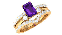 Natural 1.4 Carat Emerald Cut Amethyst Diamond 3 Piece Bridal Ring Set
