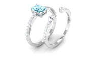 Natural 0.6 Carat Aquamarine and Diamond Emerald Cut Bridal Ring Set