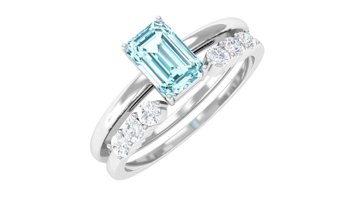 Solitaire 4X6MM Aquamarine and Diamond Emerald Cut Stackable Ring Set