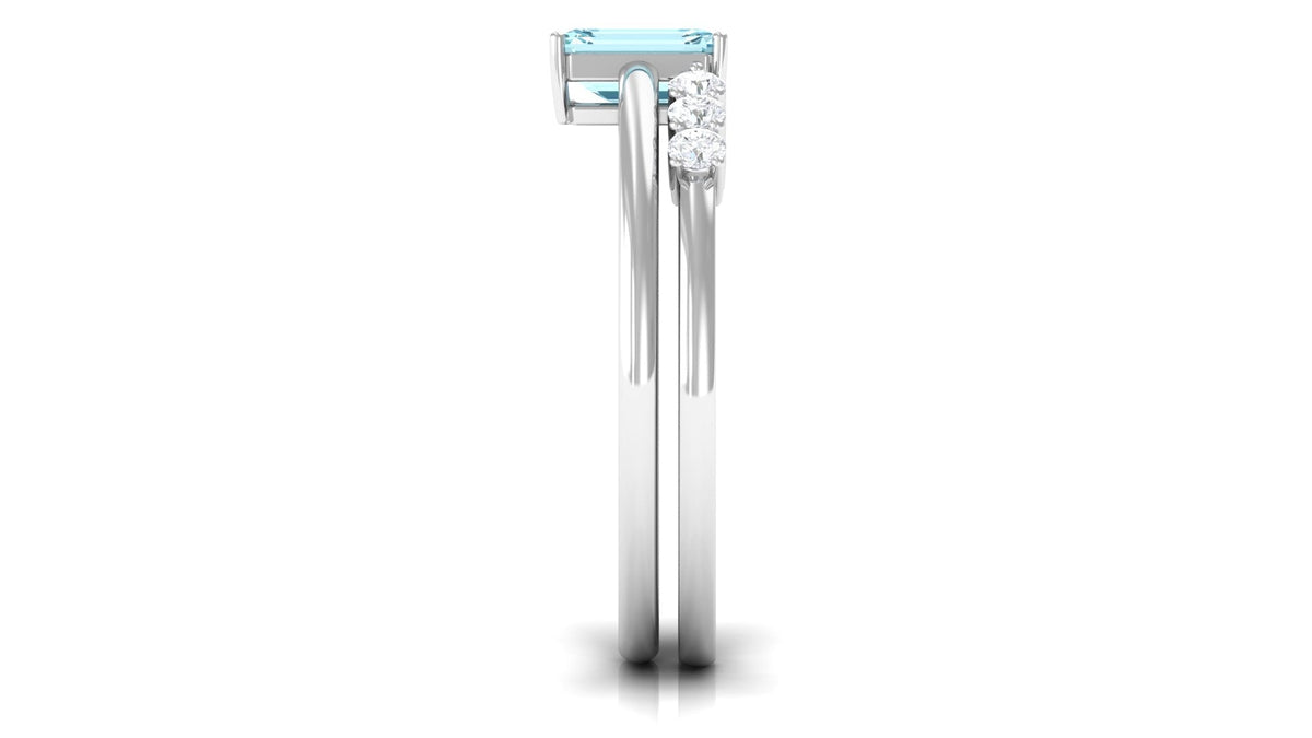 Solitaire 4X6MM Aquamarine and Diamond Emerald Cut Stackable Ring Set