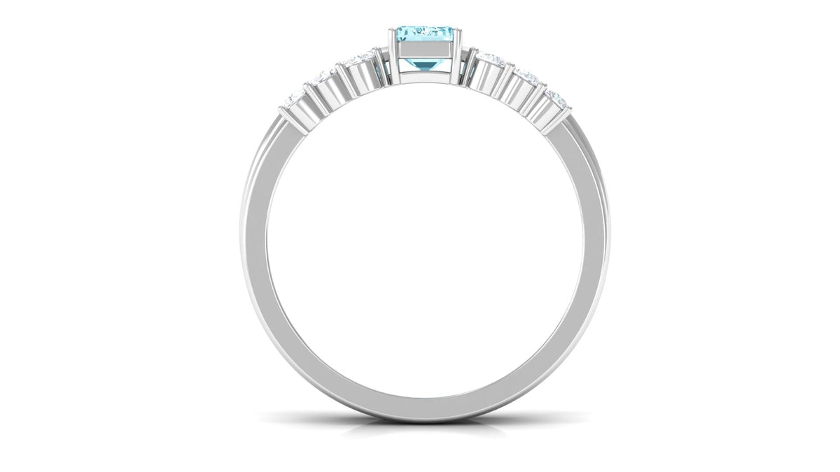 Solitaire 4X6MM Aquamarine and Diamond Emerald Cut Stackable Ring Set