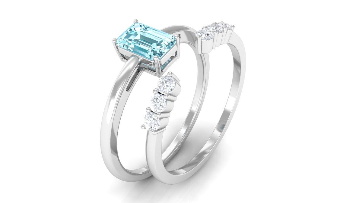 Solitaire 4X6MM Aquamarine and Diamond Emerald Cut Stackable Ring Set