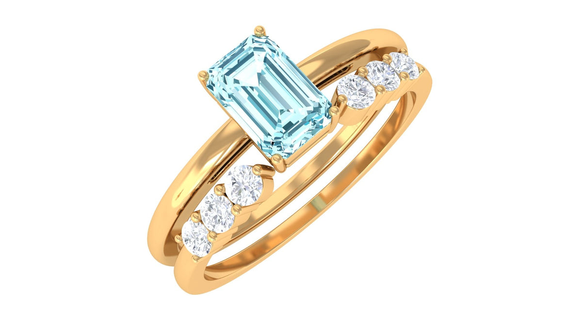 Solitaire 4X6MM Aquamarine and Diamond Emerald Cut Stackable Ring Set