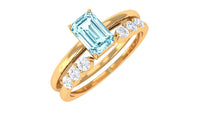 Solitaire 4X6MM Aquamarine and Diamond Emerald Cut Stackable Ring Set