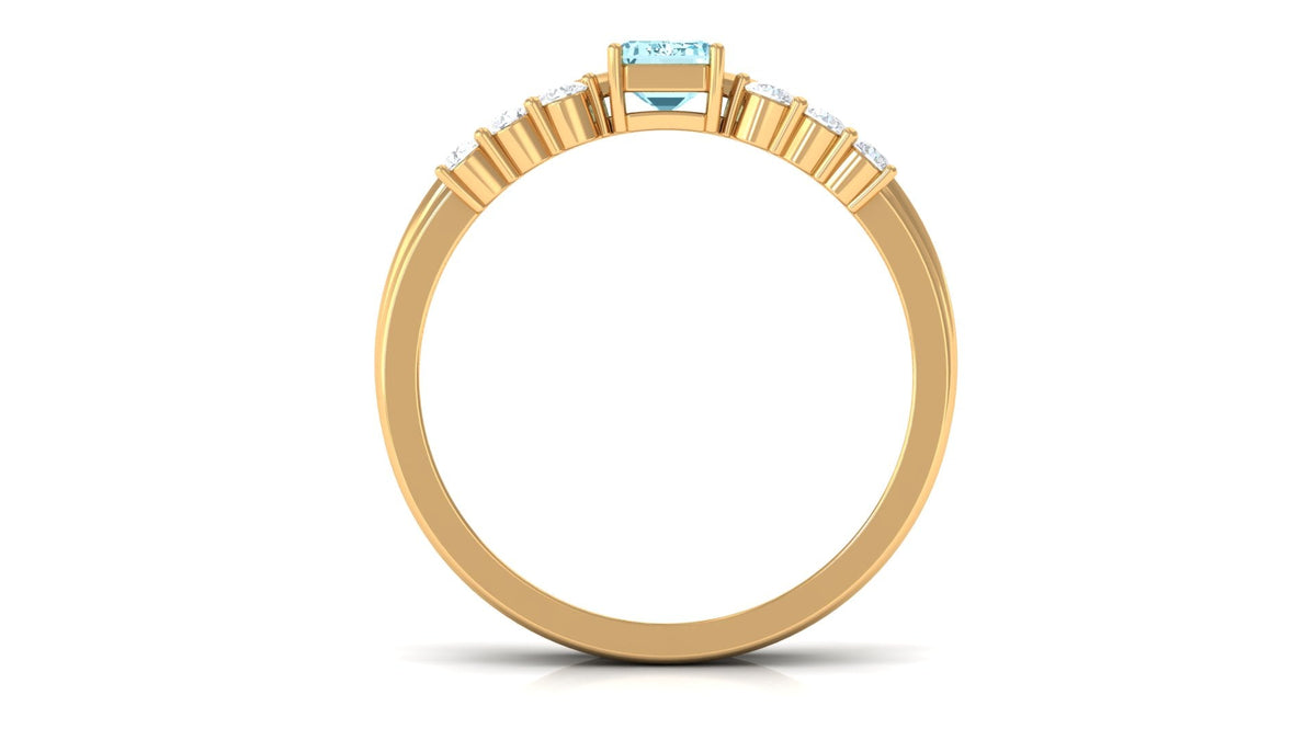 Solitaire 4X6MM Aquamarine and Diamond Emerald Cut Stackable Ring Set