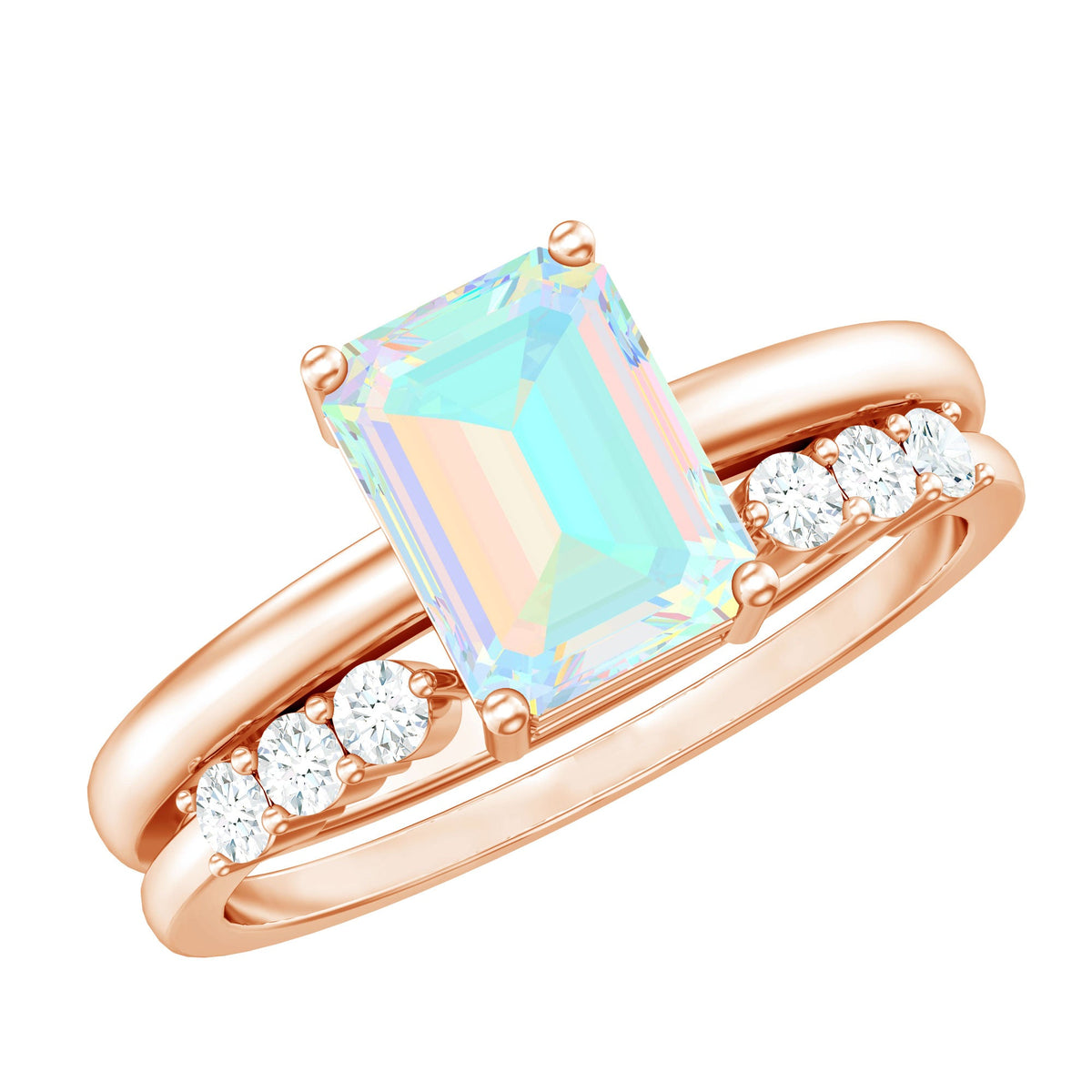 6x8mm Emerald Cut Ethiopian Opal Solitaire Ring Set with Diamond Enhancer