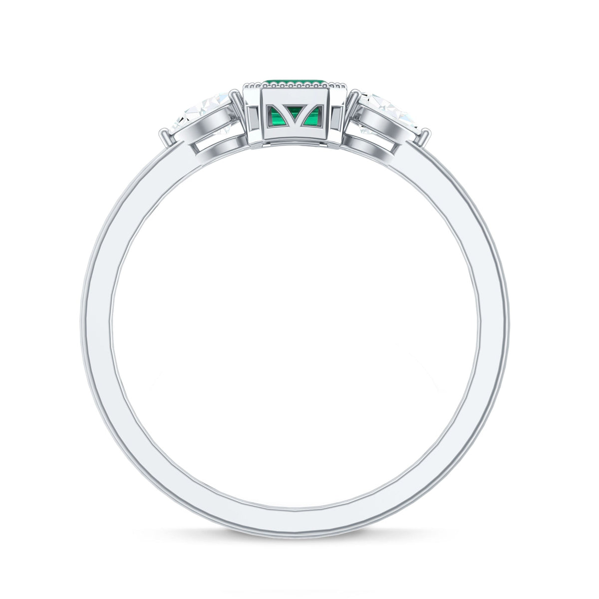 Emerald Cut Lab Grown Emerald Diamond Three Stone Ring with Beaded Details