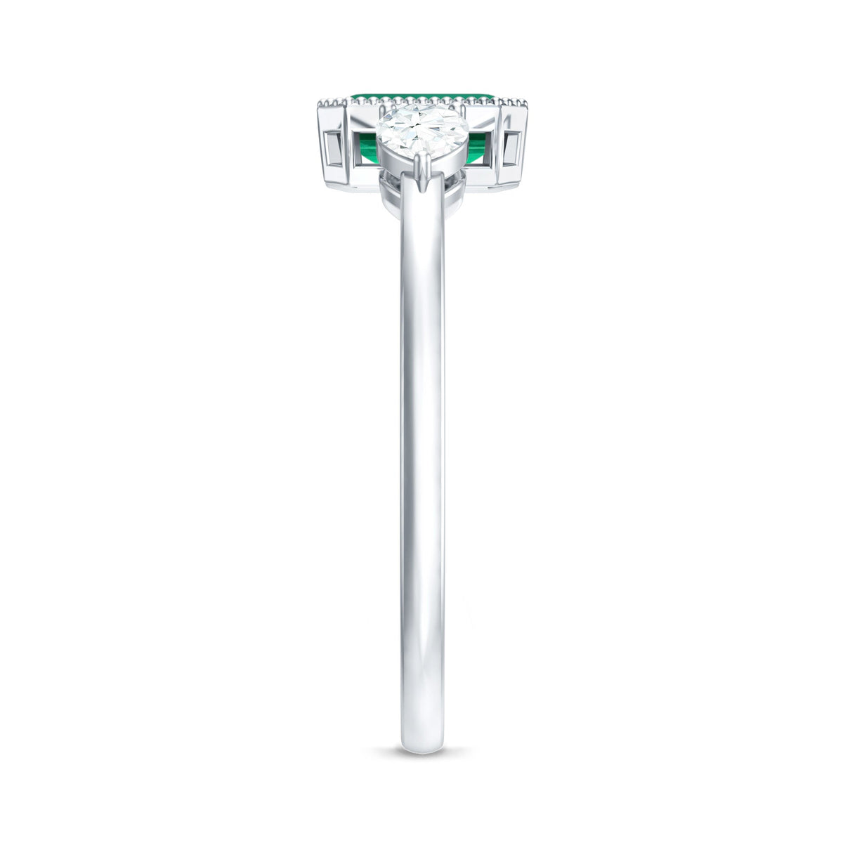 Emerald Cut Lab Grown Emerald Diamond Three Stone Ring with Beaded Details