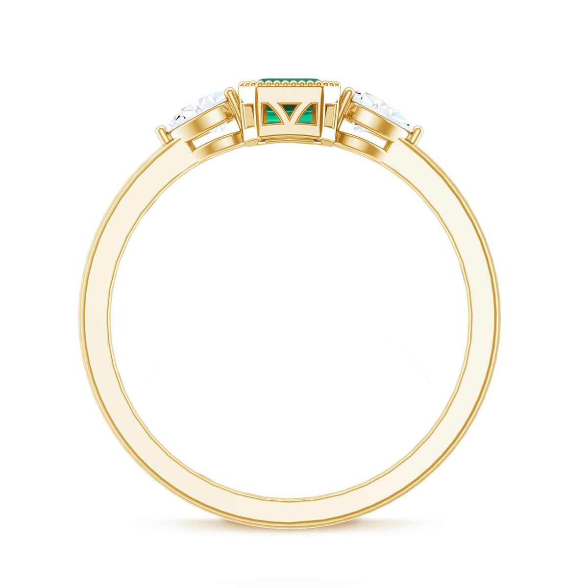 Emerald Cut Lab Grown Emerald Diamond Three Stone Ring with Beaded Details