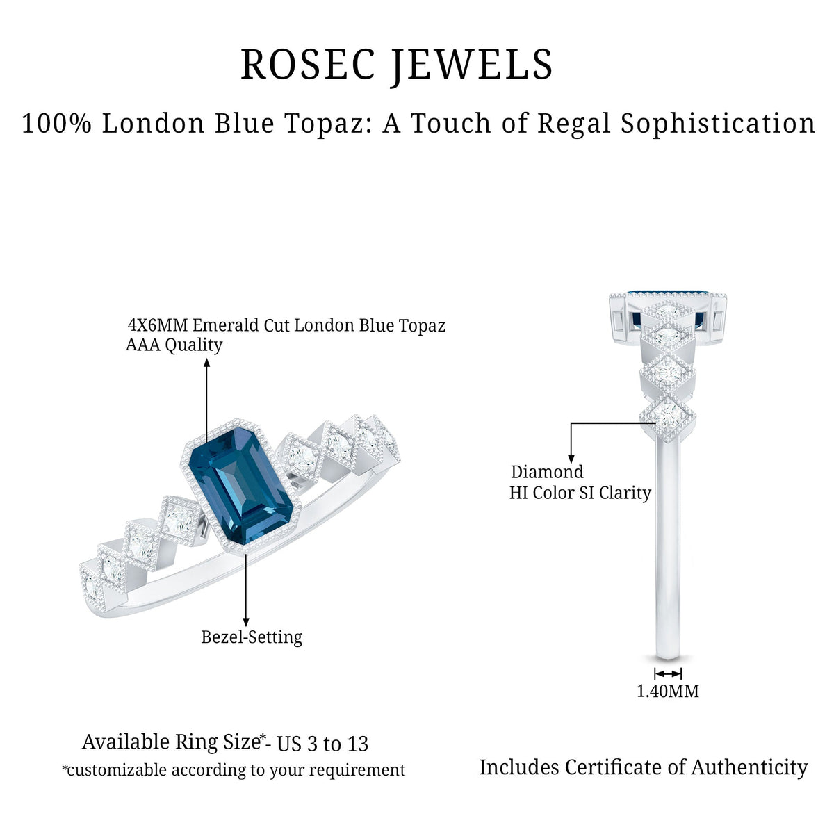 4X6mm Emerald Cut London Blue Topaz Engagement Ring with Beaded Details