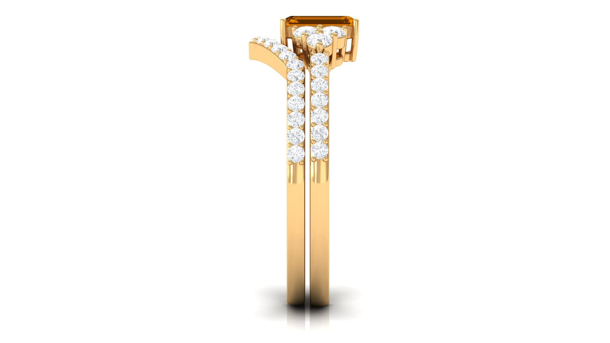 Real Citrine Emerald Cut Engagement Ring with Wedding Band