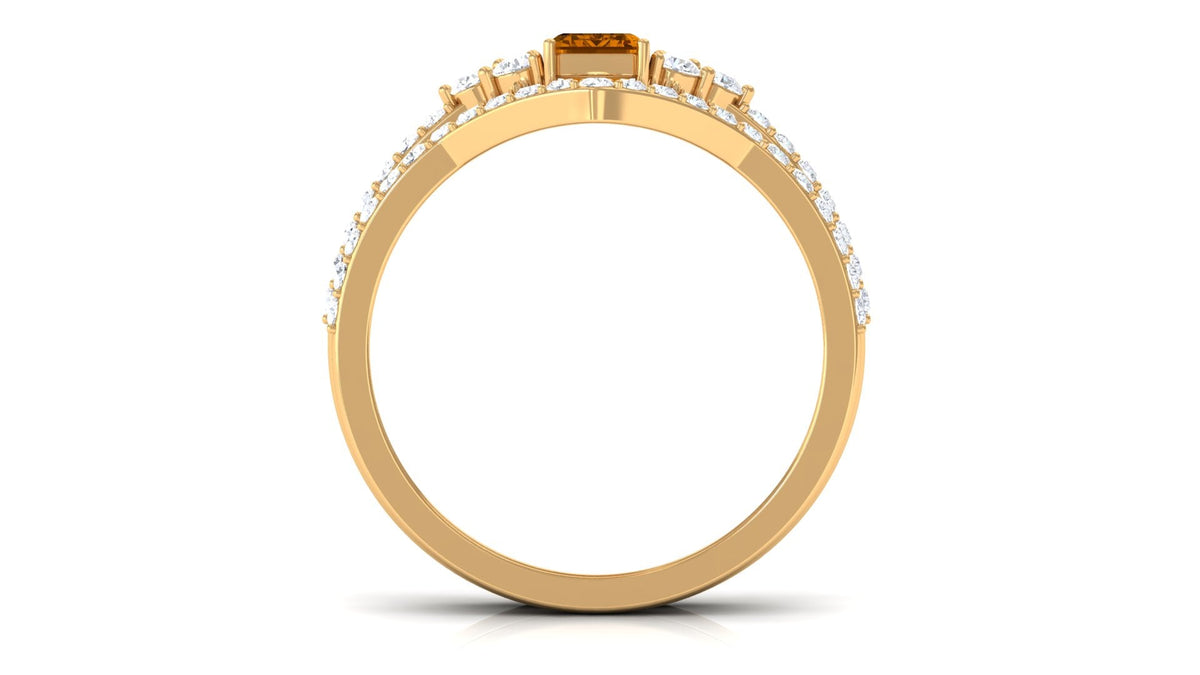 Real Citrine Emerald Cut Engagement Ring with Wedding Band