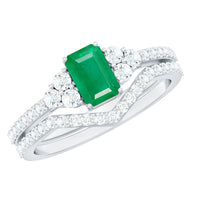 Genuine Emerald Cut Emerald Diamond Bridal Ring Set of 2