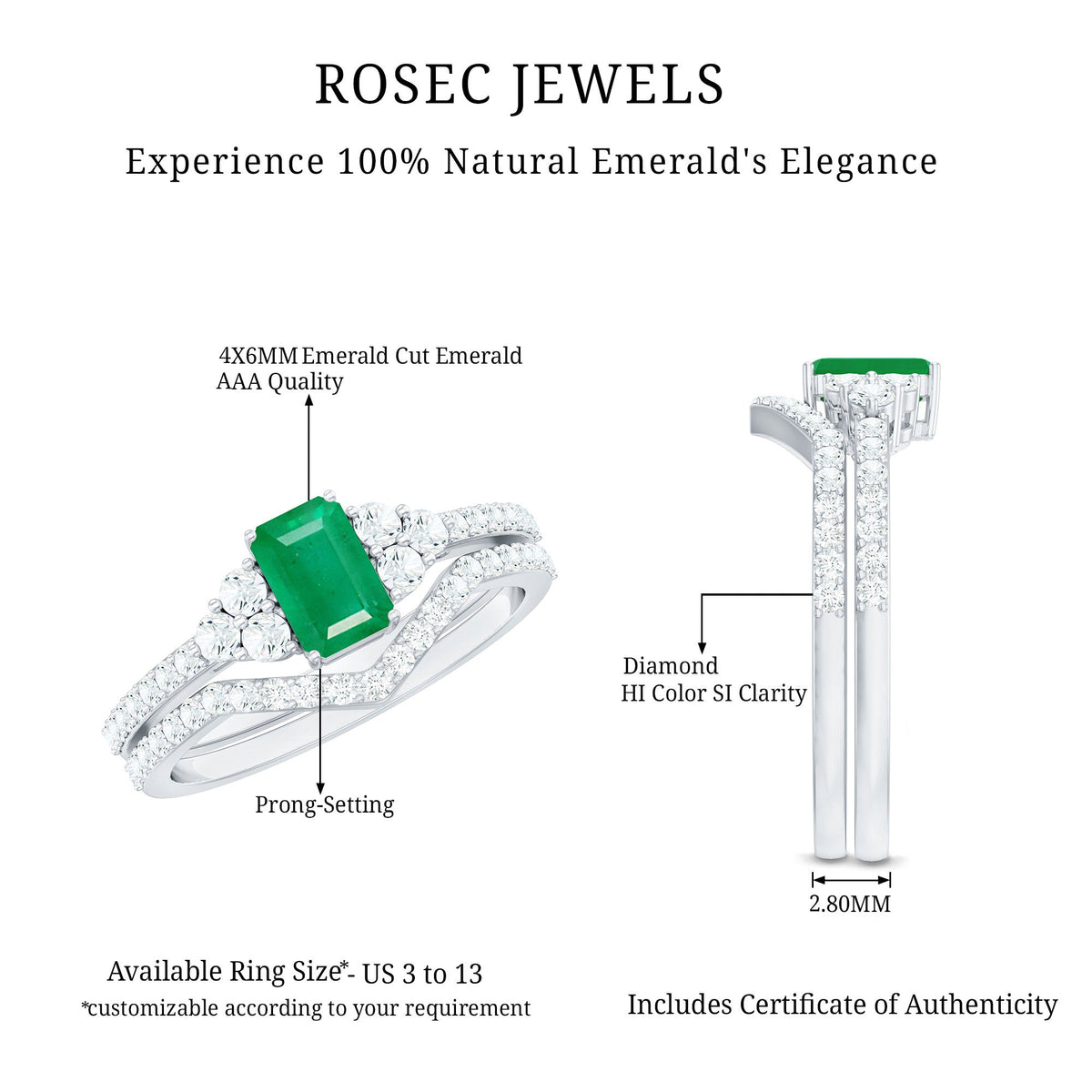Genuine Emerald Cut Emerald Diamond Bridal Ring Set of 2