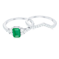 Genuine Emerald Cut Emerald Diamond Bridal Ring Set of 2