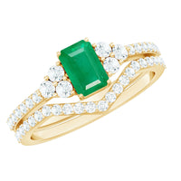 Genuine Emerald Cut Emerald Diamond Bridal Ring Set of 2