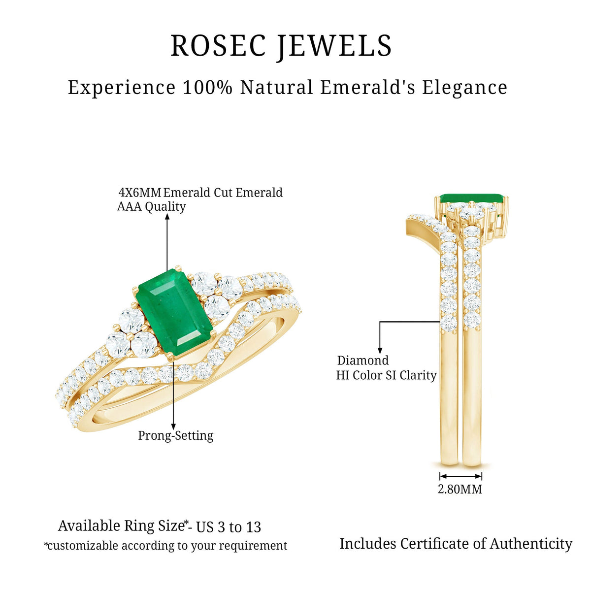 Genuine Emerald Cut Emerald Diamond Bridal Ring Set of 2