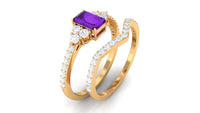 Genuine 1.4 Carat Emerald Cut Amethyst Wedding Ring Set with Diamond