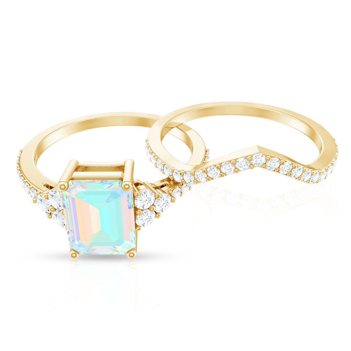 6X8 mm Emerald Cut Ethiopian Opal Classic Ring Set with Diamond Band