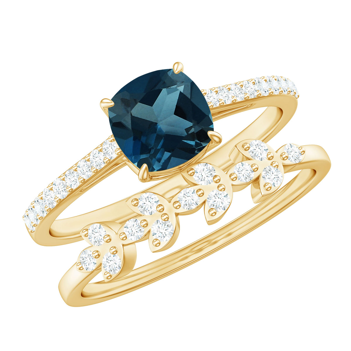 8mm Cushion Cut London Blue Topaz and Diamond Engagement Ring with Wedding Band