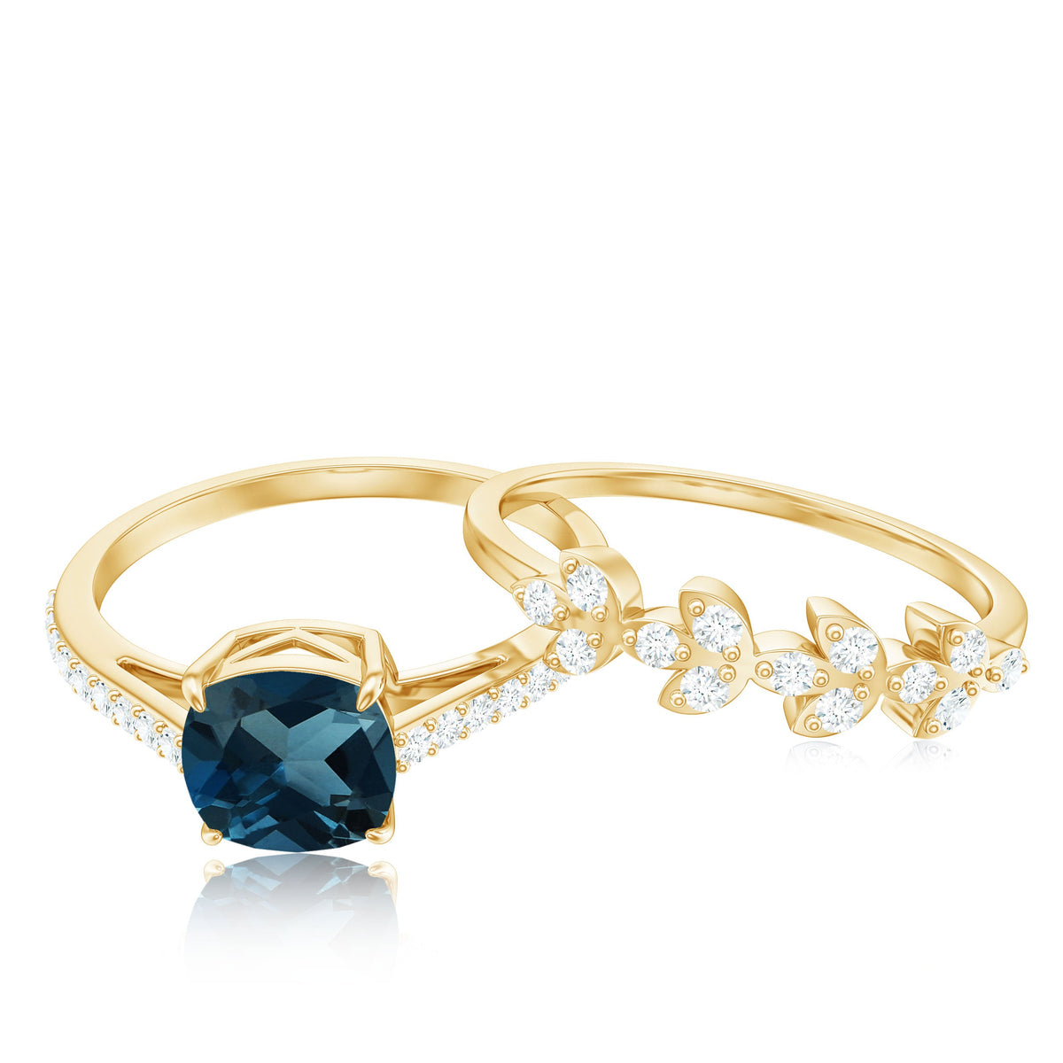 8mm Cushion Cut London Blue Topaz and Diamond Engagement Ring with Wedding Band