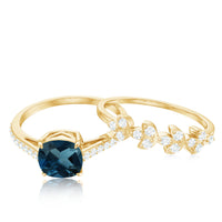 8mm Cushion Cut London Blue Topaz and Diamond Engagement Ring with Wedding Band