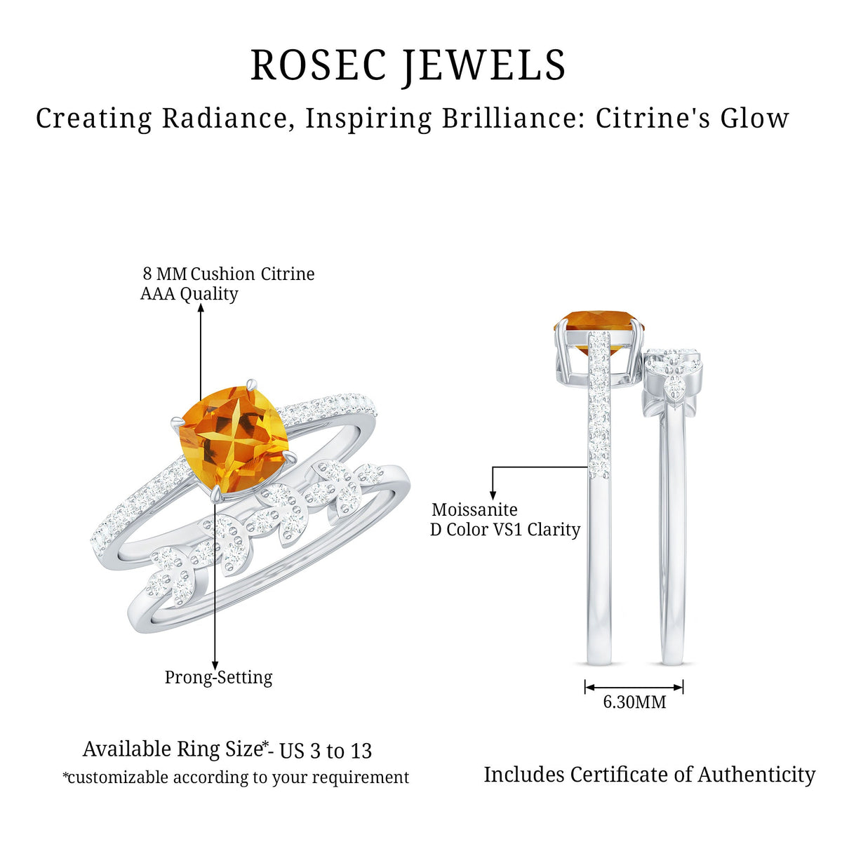 Certified Citrine and Diamond Wedding Bridal Ring Set of 2