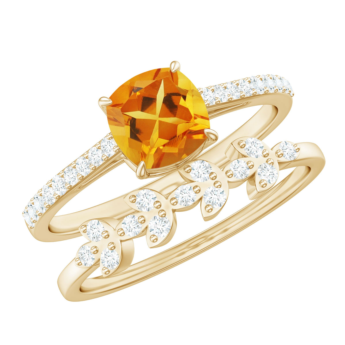 Certified Citrine and Diamond Wedding Bridal Ring Set of 2