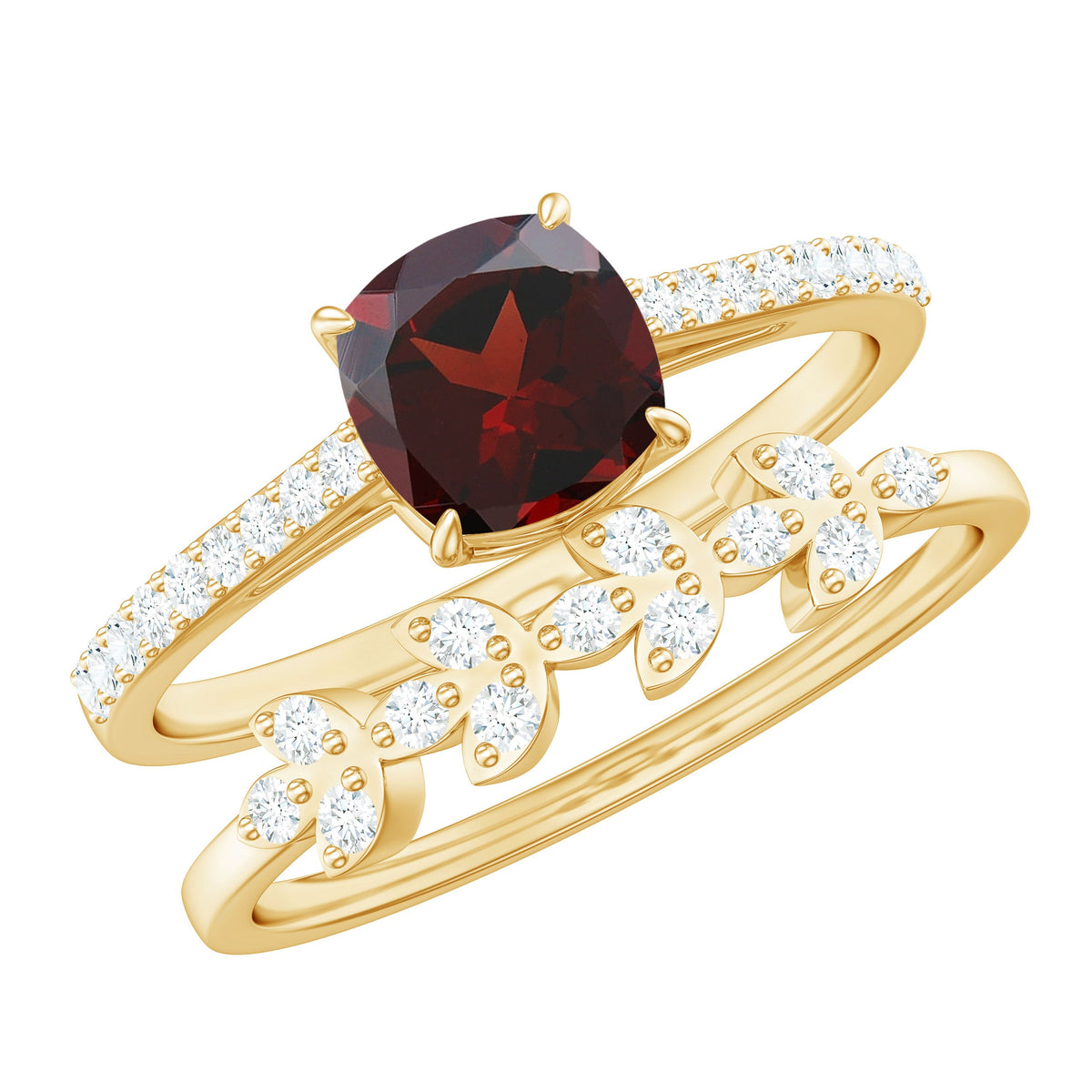 Natural Cushion Cut Garnet Diamond Wedding Bridal Ring Set of 2
