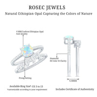 6 mm Cushion Cut Ethiopian Opal Solitaire Ring Set with Diamond Stackable Band
