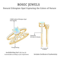 6 mm Cushion Cut Ethiopian Opal Solitaire Ring Set with Diamond Stackable Band