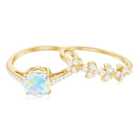 6 mm Cushion Cut Ethiopian Opal Solitaire Ring Set with Diamond Stackable Band