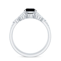 Cushion Cut Black Onyx and Diamond Engagement Ring with Leaf Wedding Band