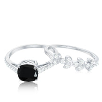 Cushion Cut Black Onyx and Diamond Engagement Ring with Leaf Wedding Band