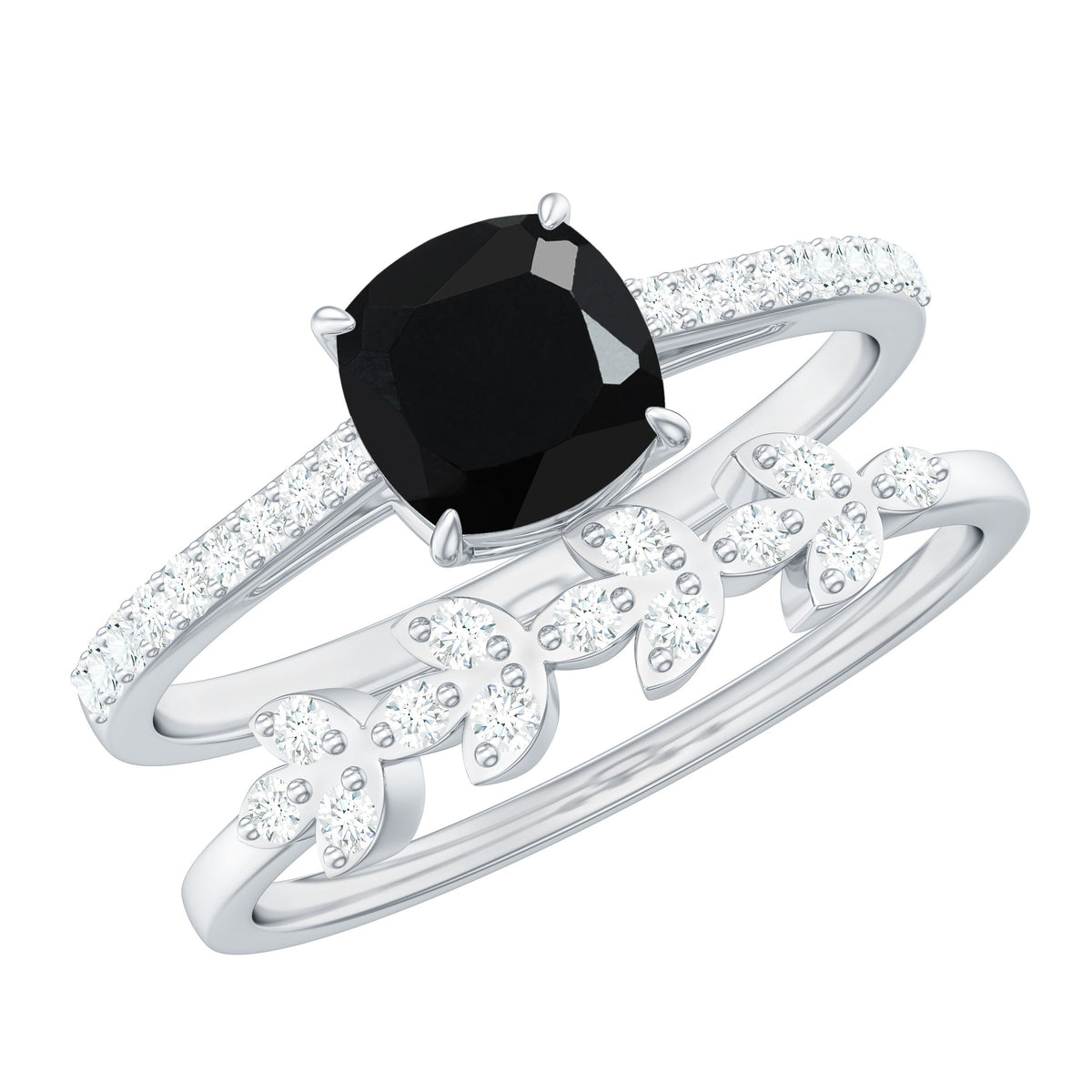Natural 8mm Black Spinel Diamond Cushion Cut Engagement Ring with Enhancer