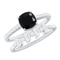 Natural 8mm Black Spinel Diamond Cushion Cut Engagement Ring with Enhancer