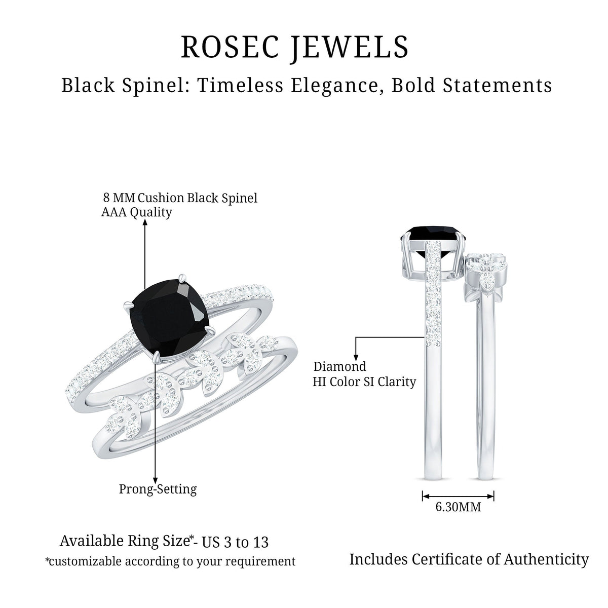 Natural 8mm Black Spinel Diamond Cushion Cut Engagement Ring with Enhancer