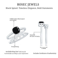 Natural 8mm Black Spinel Diamond Cushion Cut Engagement Ring with Enhancer