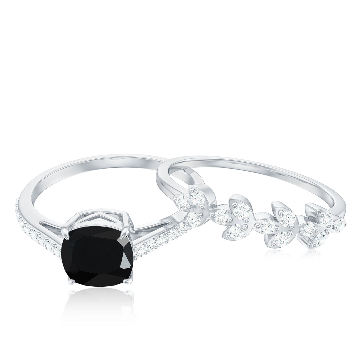 Natural 8mm Black Spinel Diamond Cushion Cut Engagement Ring with Enhancer