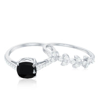Natural 8mm Black Spinel Diamond Cushion Cut Engagement Ring with Enhancer