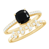 Natural 8mm Black Spinel Diamond Cushion Cut Engagement Ring with Enhancer