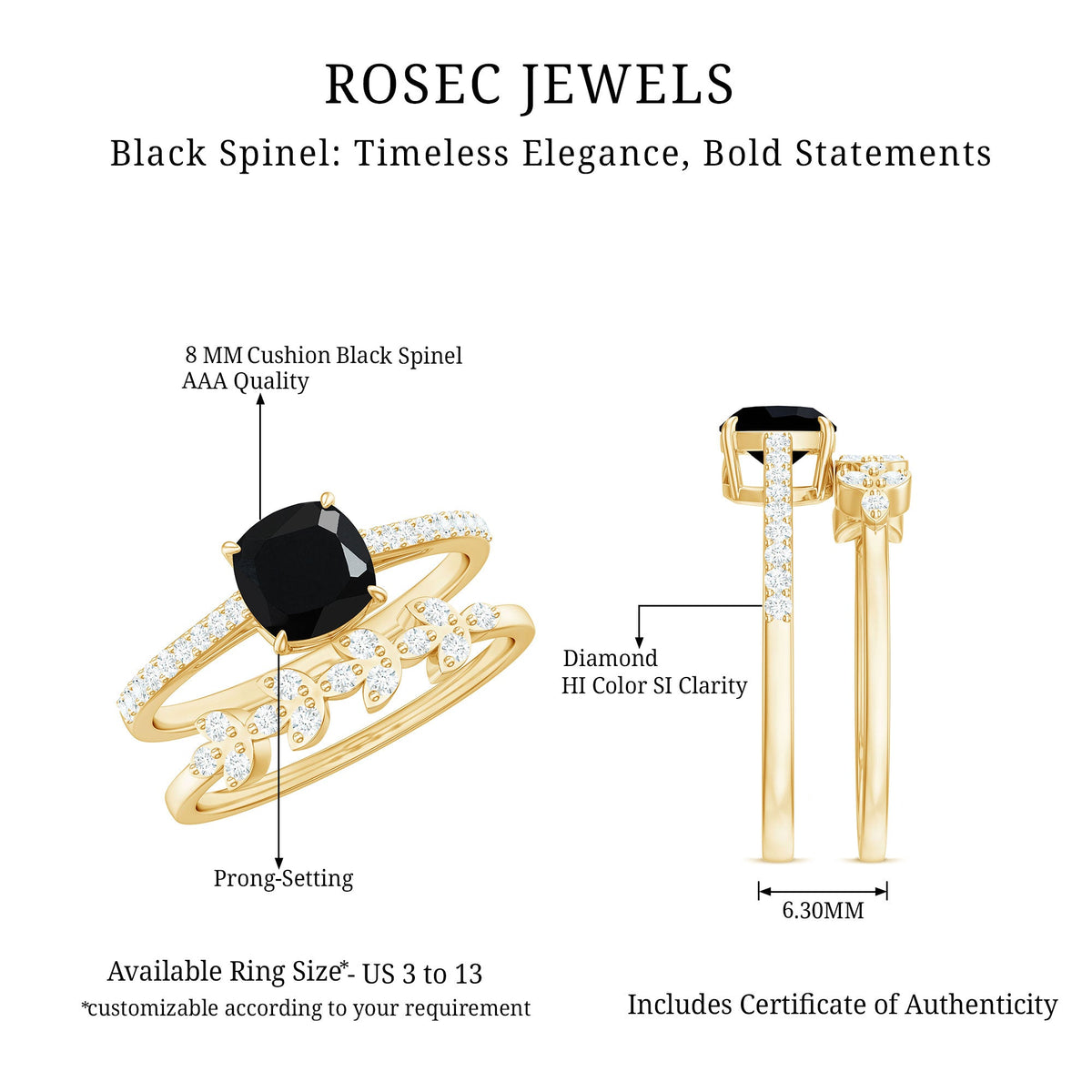 Natural 8mm Black Spinel Diamond Cushion Cut Engagement Ring with Enhancer