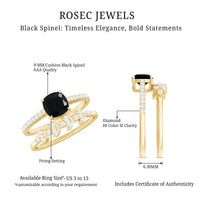 Natural 8mm Black Spinel Diamond Cushion Cut Engagement Ring with Enhancer