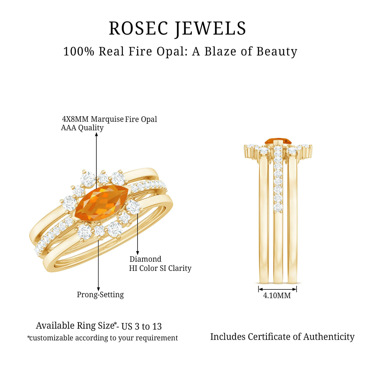 Marquise Shape Fire Opal Ring Set with Diamond