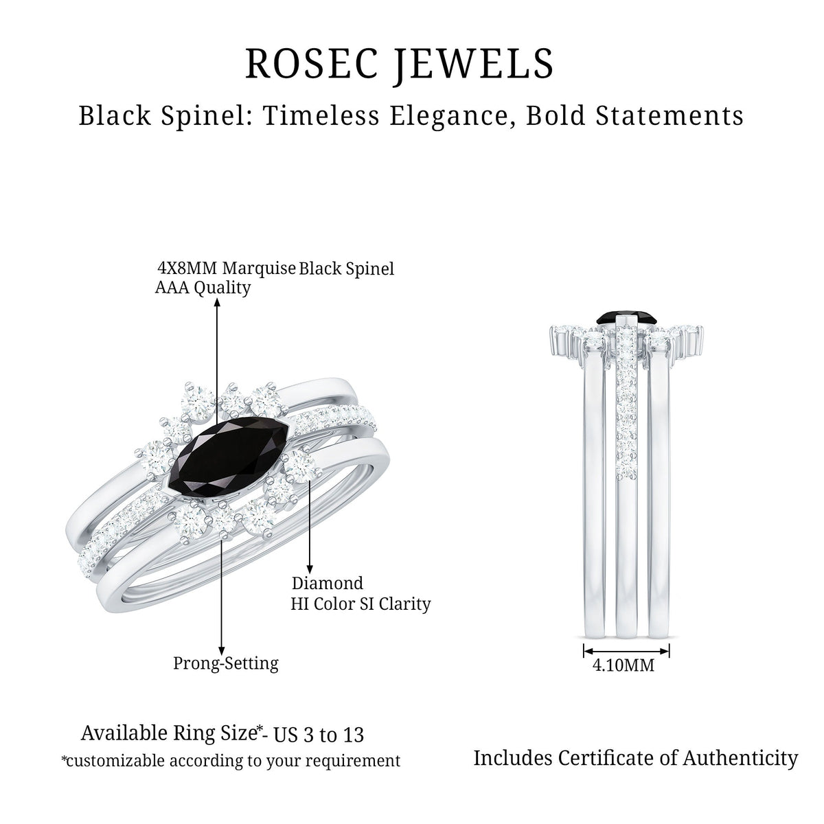 Natural Marquise Black Spinel Diamond 3 Piece Bridal Ring Set
