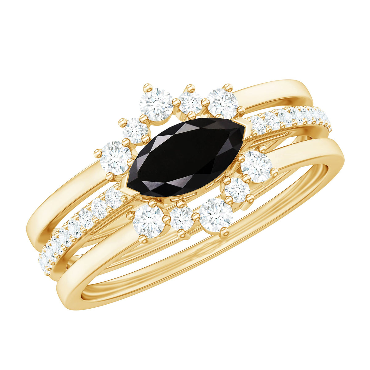 Natural Marquise Black Spinel Diamond 3 Piece Bridal Ring Set