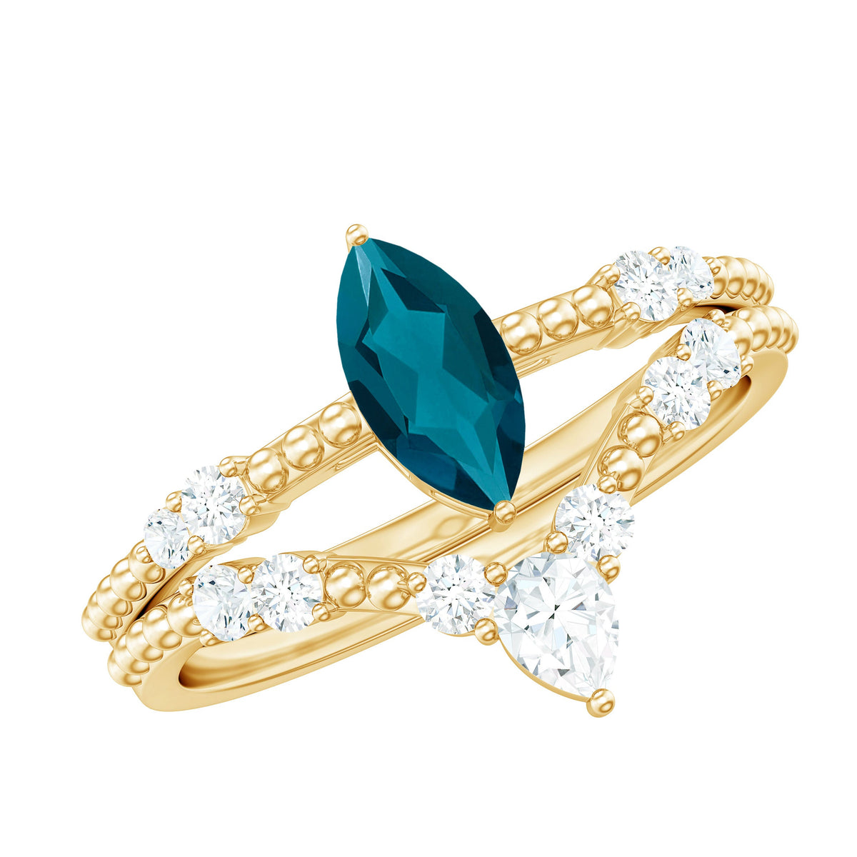 London Blue Topaz and Diamond Wedding Ring Set with Beaded Details