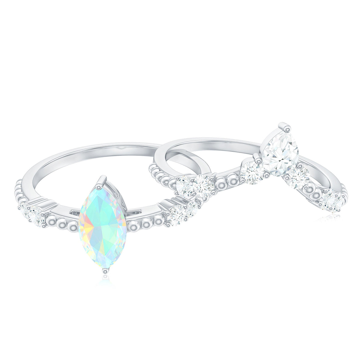 Certified Real Ethiopian Opal Marquise Engagement Wedding Ring Set of 2