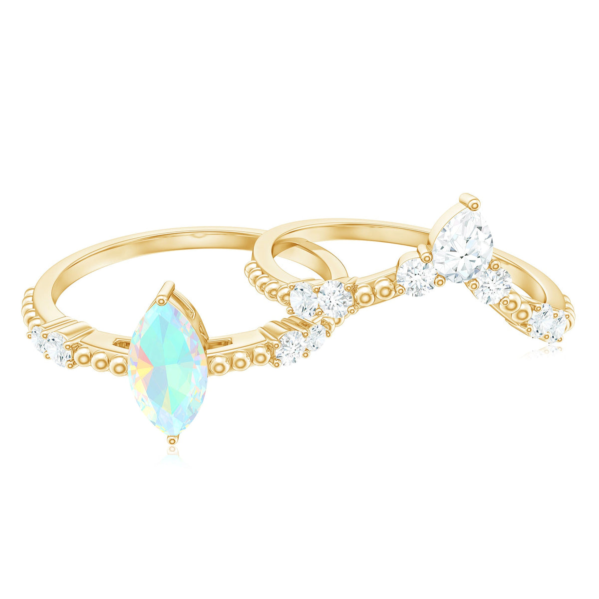 Certified Real Ethiopian Opal Marquise Engagement Wedding Ring Set of 2
