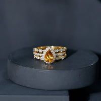 Pear Cut Citrine Bridal Trio Ring Set with Moissanite Band